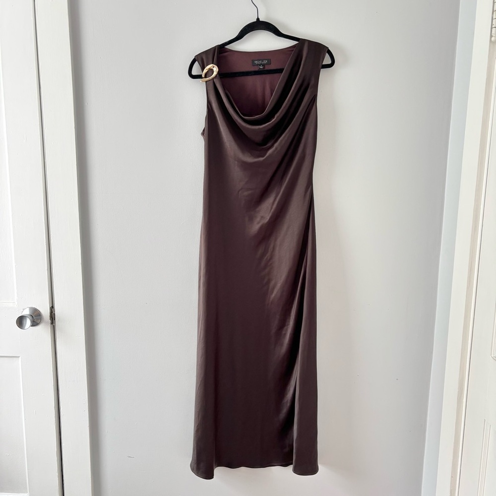 Rachel Zoe Cowl Neck Drape Midi Dress Sleeveless Gold Accent Formal Brown